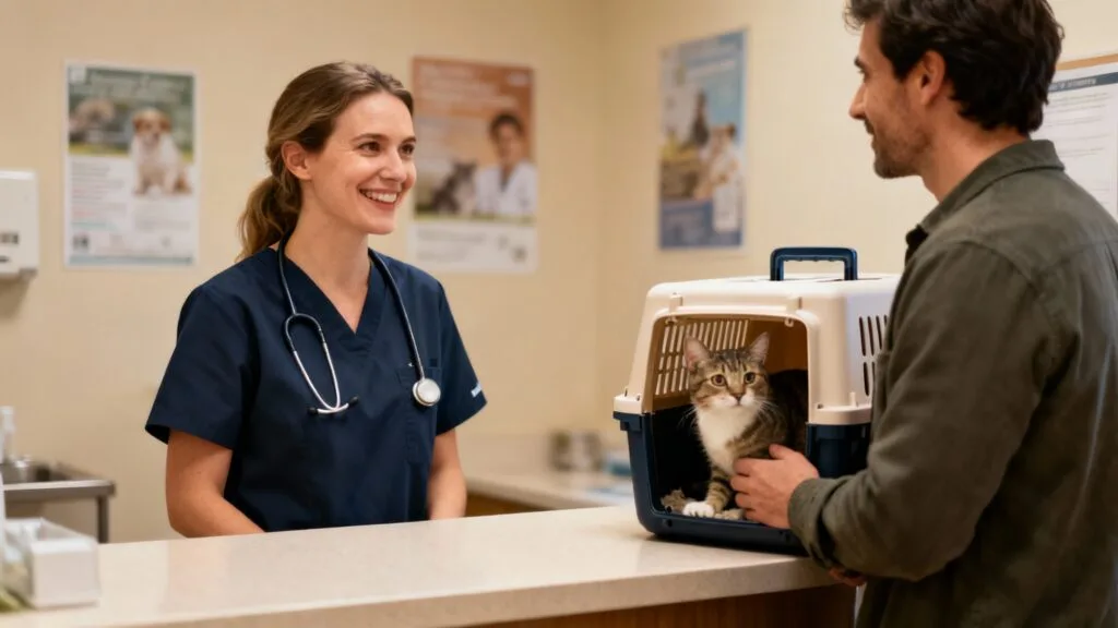 Auxiliaire vétérinaire accueillant un client et son chat