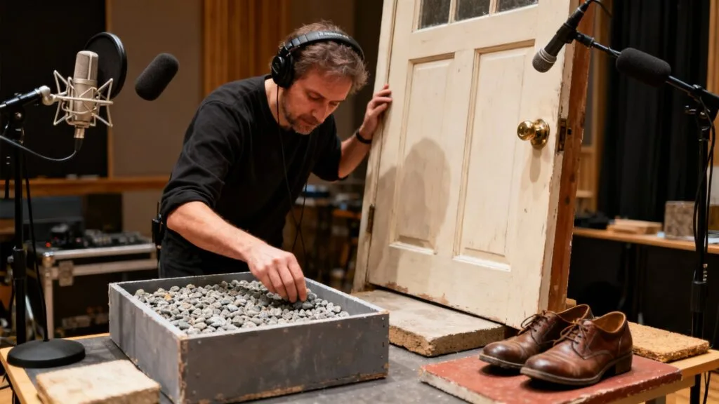 Session de bruitage en studio avec accessoires variés