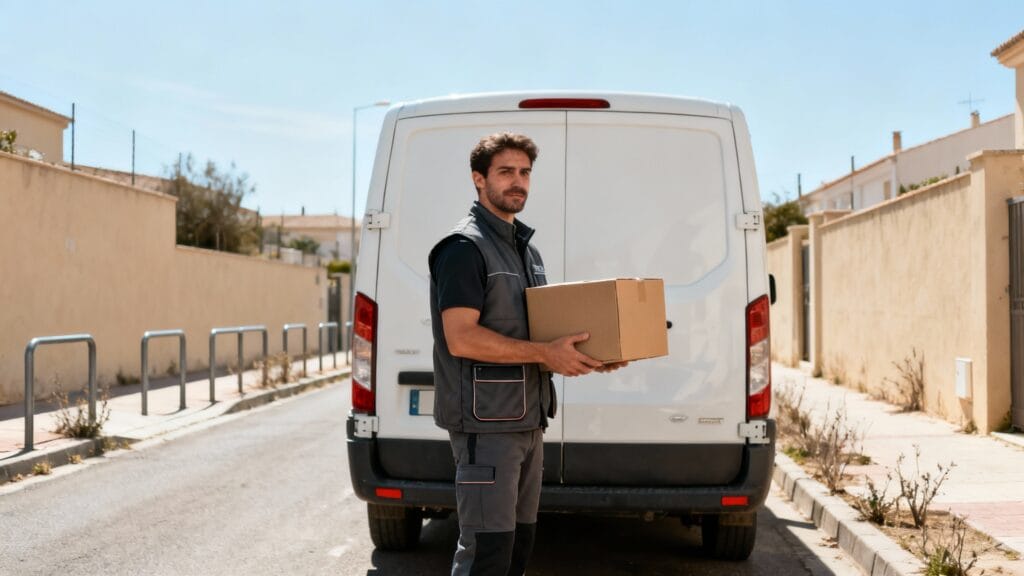 Chauffeur-livreur manipulant des colis près d’un utilitaire