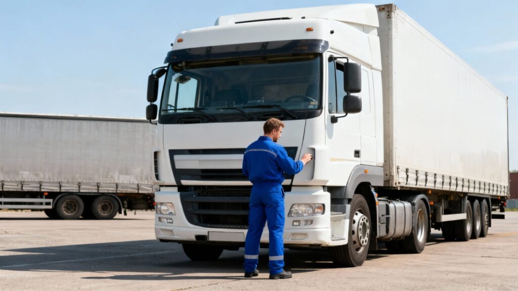 Chauffeur routier devant un camion, départ de tournée