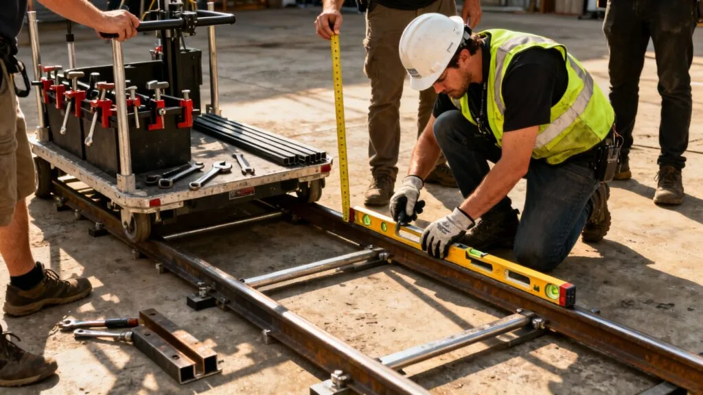 Installation de dolly et rails par l’équipe machinerie
