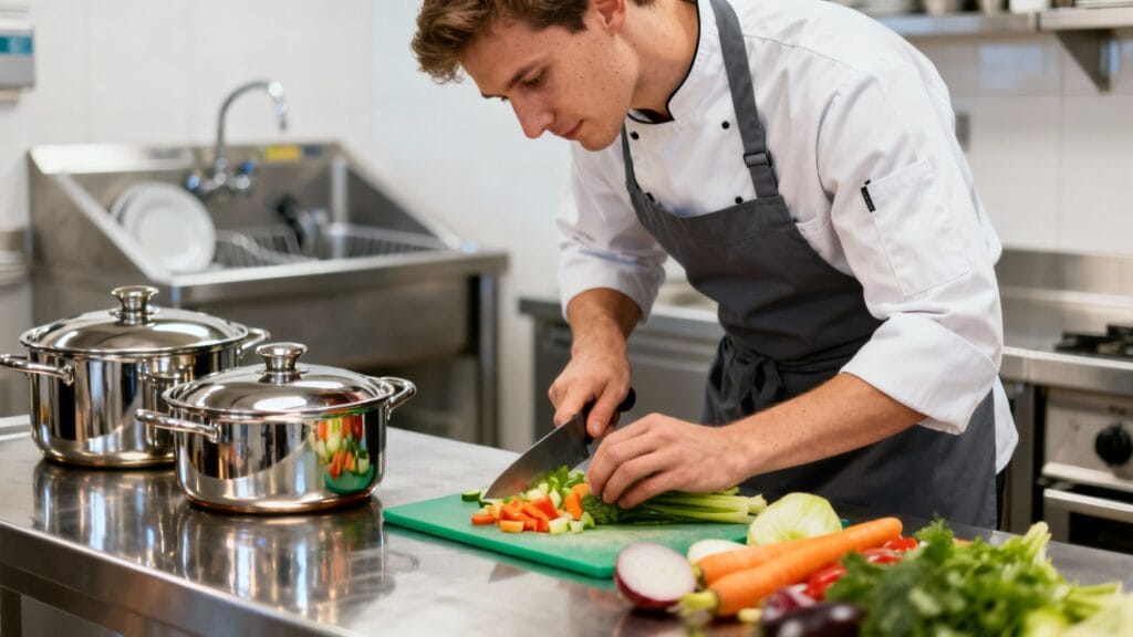 Commis de cuisine préparant des légumes sur plan inox