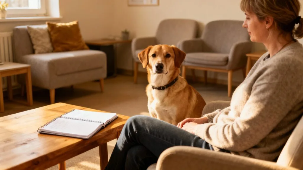 Comportementaliste canin observant un chien et son propriétaire