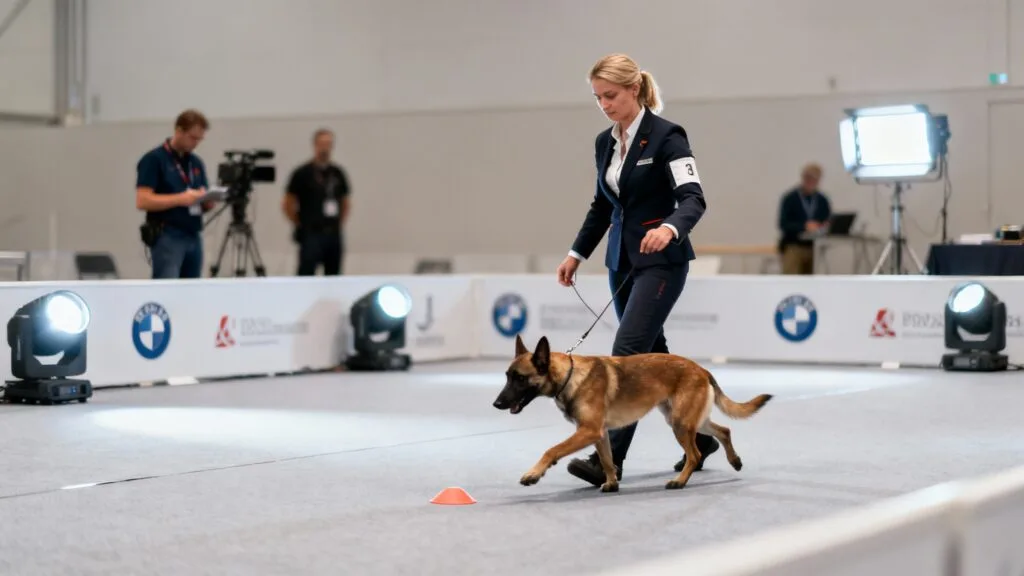 Dresseur animalier guidant un chien sur un plateau de tournage
