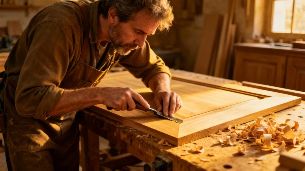 Ébéniste façonnant une pièce de meuble en bois