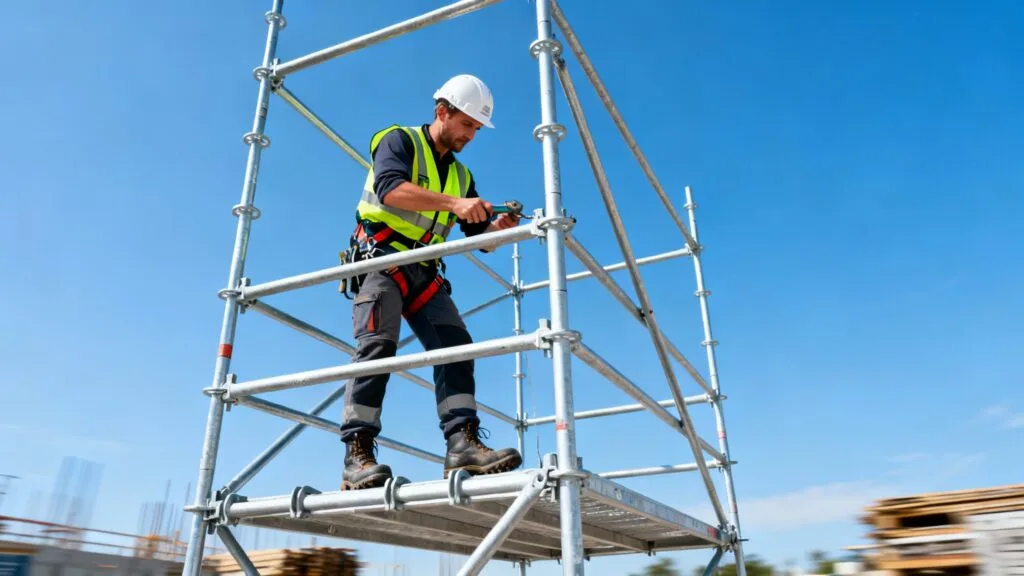 Échafaudeur montant une structure métallique sécurisée