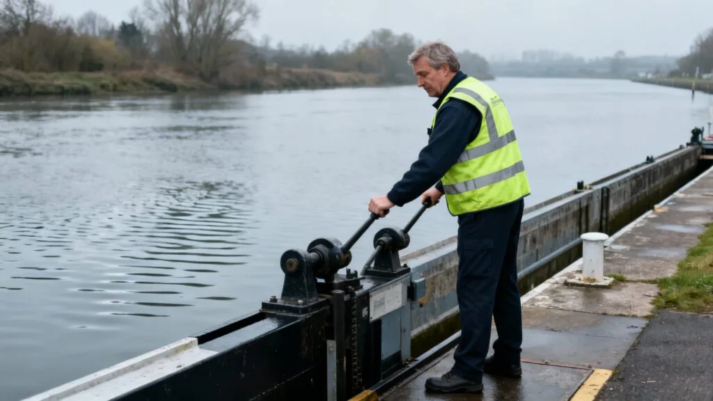Éclusier actionnant les commandes d’une écluse fluviale