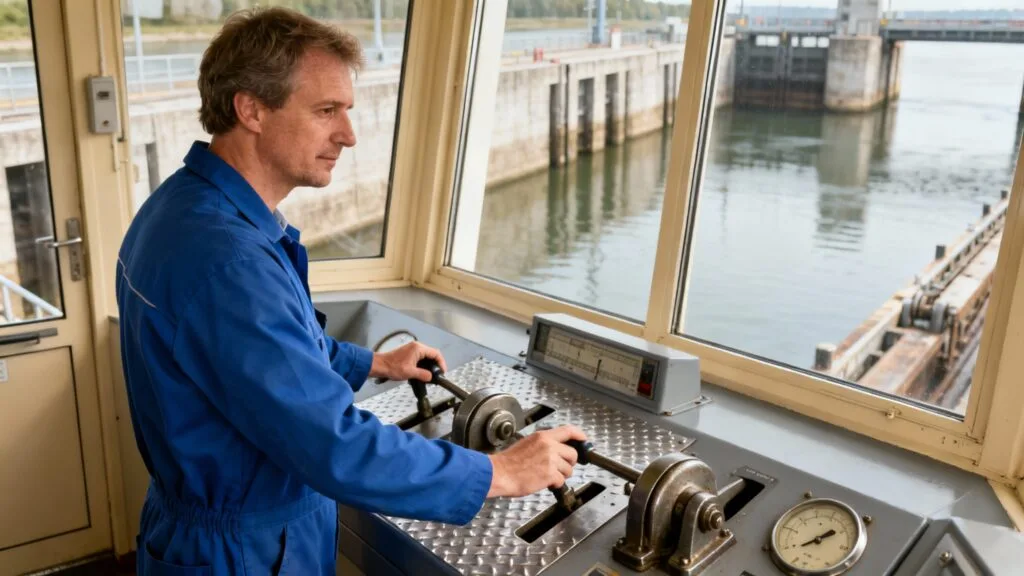 Opérateur d’écluse gérant un poste de commande fluvial