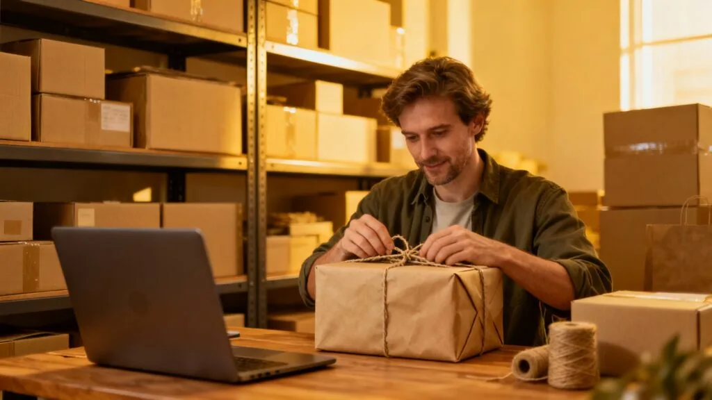 E-commerçant préparant un colis pour expédition