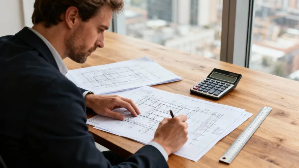 Économiste de la construction analysant plans et coûts