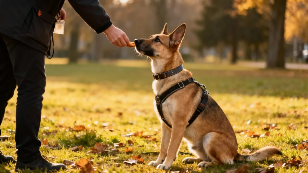 Éducateur canin guidant un chien lors d’un exercice