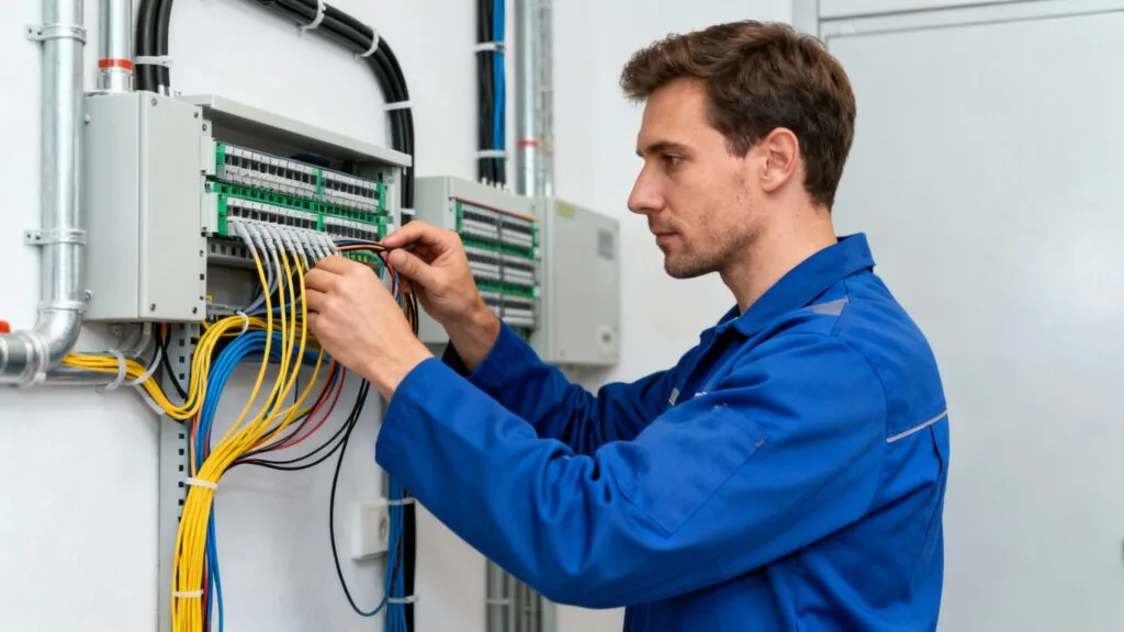 Technicien câblant courant fort et réseau basse tension
