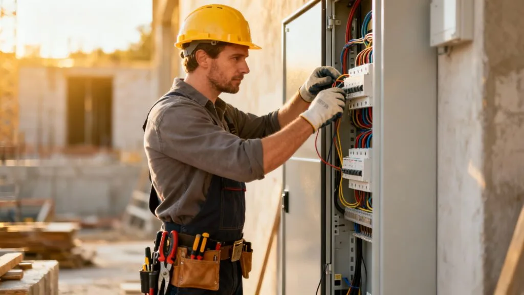 Électricien installant un tableau électrique moderne