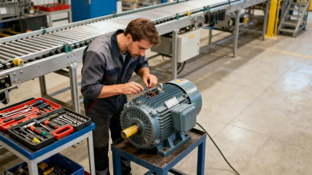 Électromécanicien réparant un moteur industriel