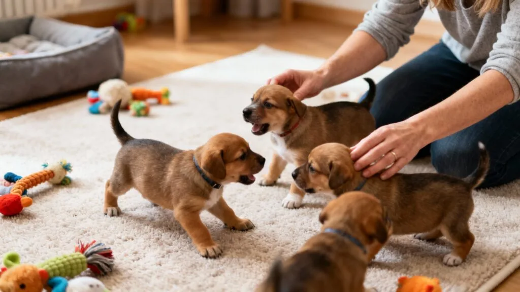 Éleveur canin socialisant des chiots dans un espace propre