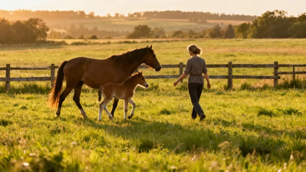 Éleveur équin observant jument et poulain au pré
