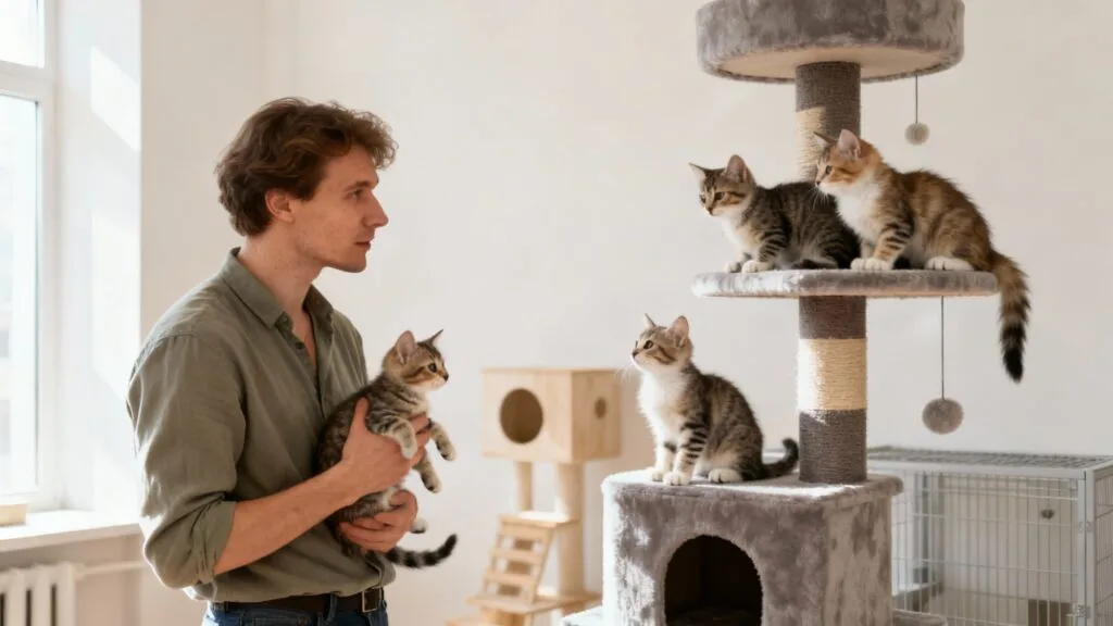 Éleveur félin manipulant un chaton dans un espace adapté