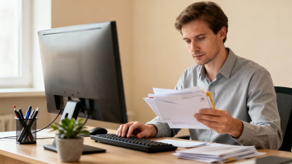 Employé administratif triant du courrier et saisissant au clavier