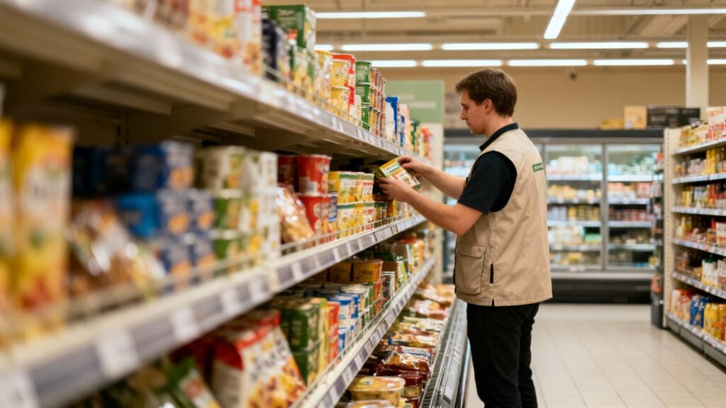 Employé de libre-service réapprovisionnant un rayon
