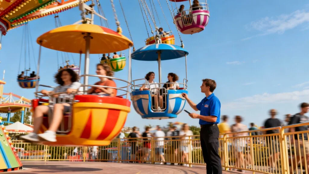 Employé de parc de loisirs supervisant une attraction