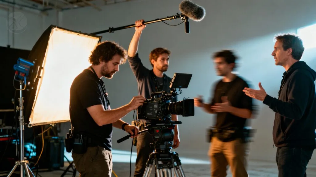 Équipe image et son en coordination sur un plateau