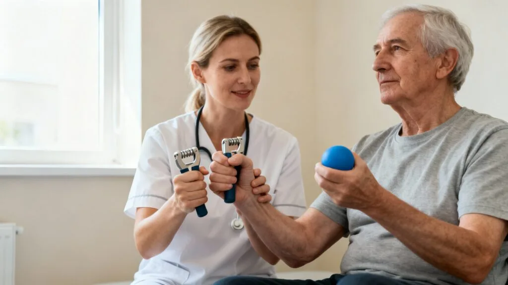 Ergothérapeute aidant un patient à travailler la préhension