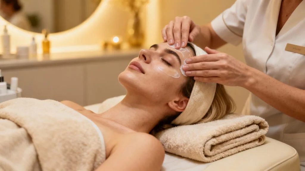 Esthéticienne réalisant un soin du visage en institut