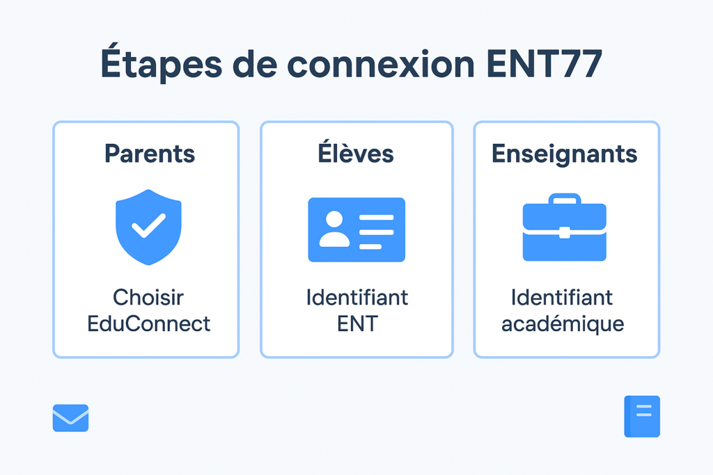 Infographie des étapes de connexion ent77 selon le profil