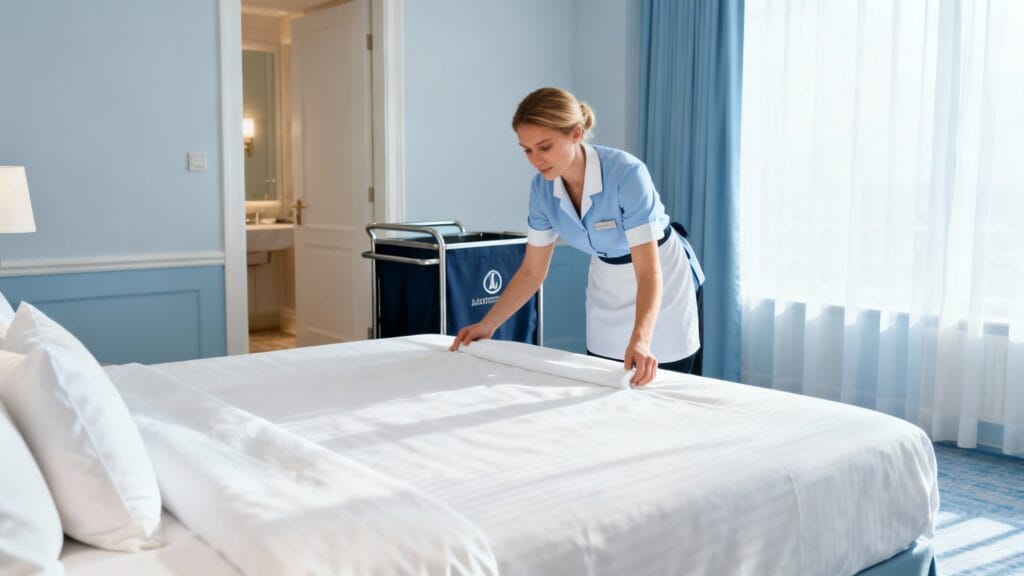 Femme de chambre préparant une chambre d’hôtel