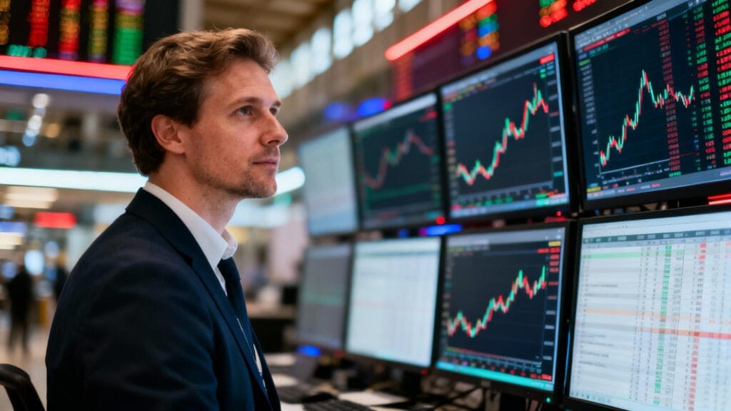Opérateur en salle de marché devant écrans de trading floutés