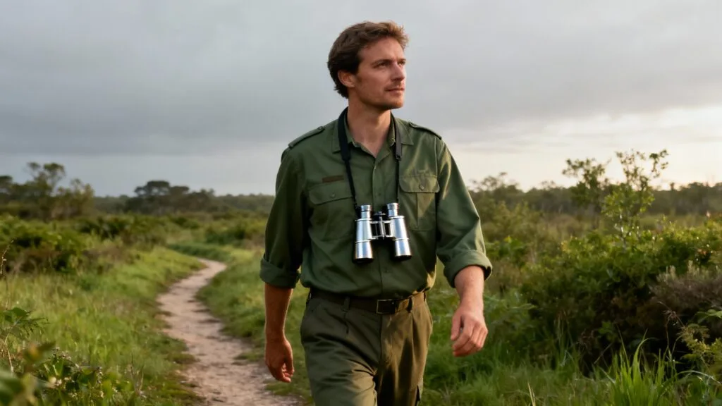 Garde-faune en patrouille sur un sentier de réserve naturelle