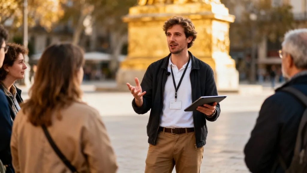 Guide touristique expliquant l’histoire d’un lieu à un groupe