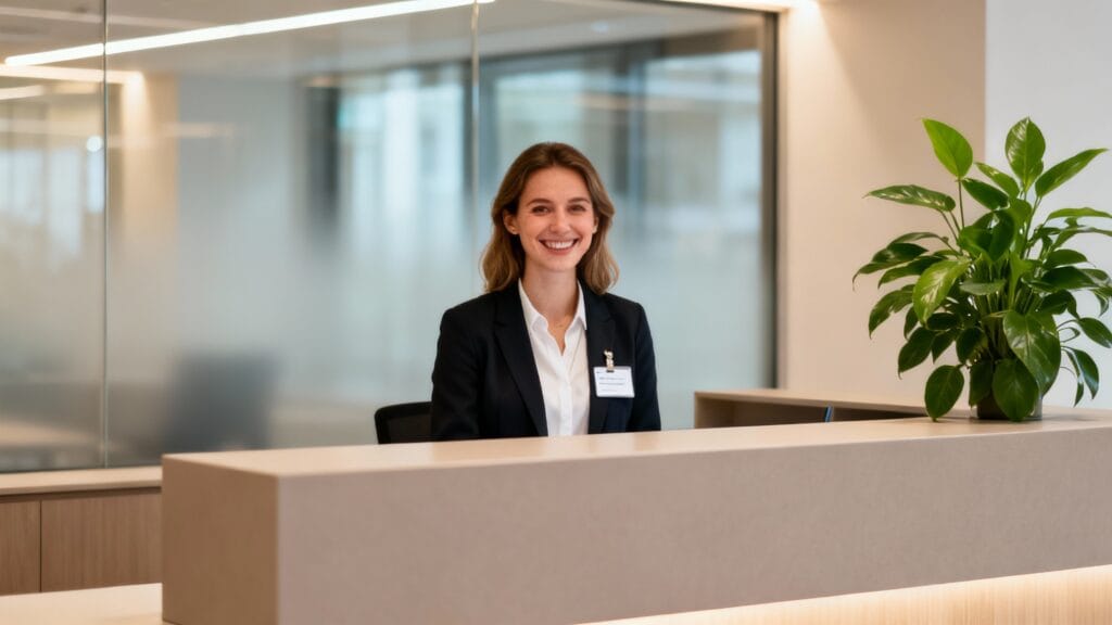 Hôtesse d’accueil au comptoir d’une entreprise moderne