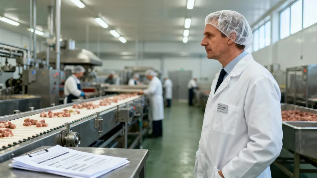 Inspecteur vétérinaire vérifiant un site agroalimentaire