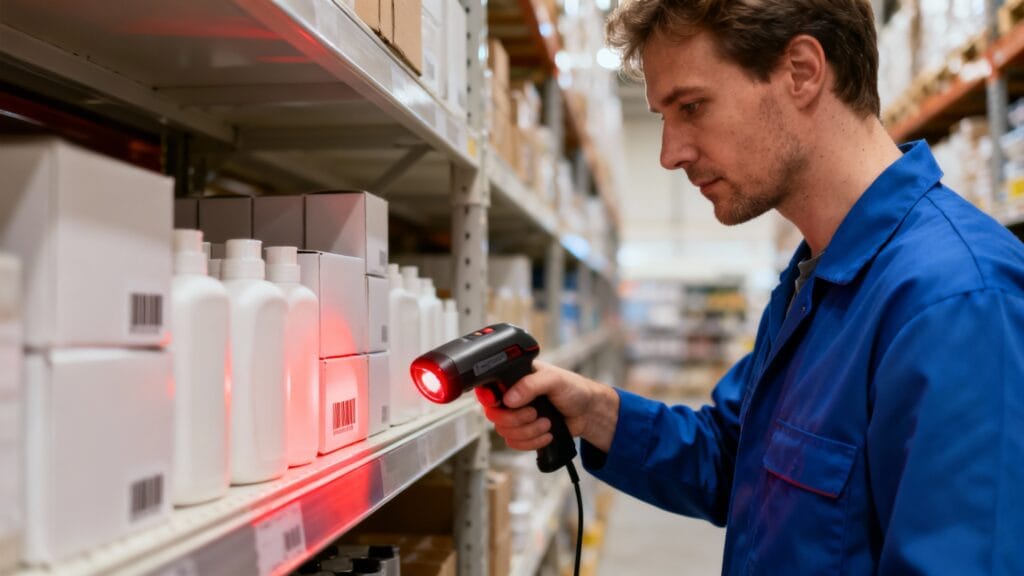 Inventoriste scannant les produits sur une étagère