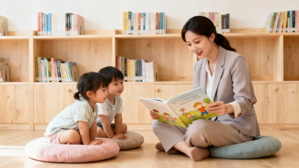 Lecture d’un album par un adulte en coin calme