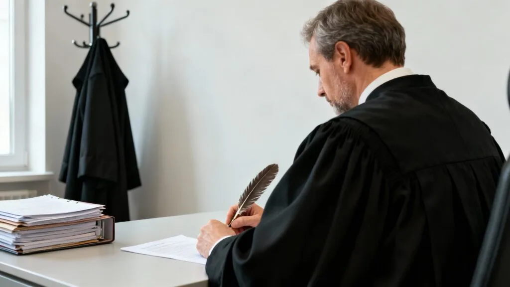 Magistrat au tribunal écrivant une décision