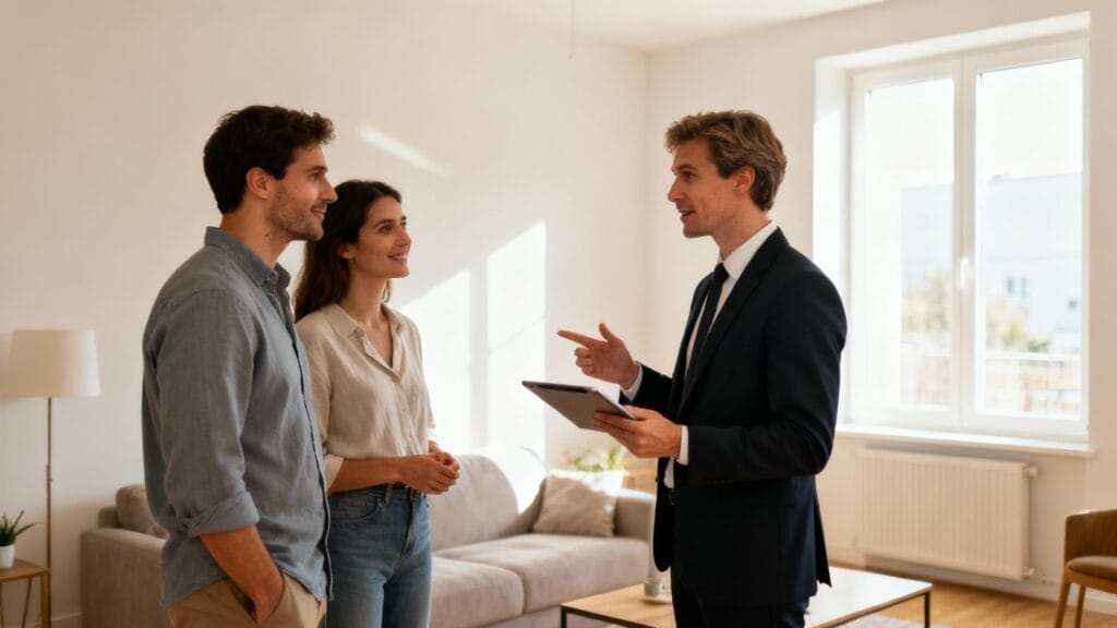Mandataire immobilier présentant un logement à des clients