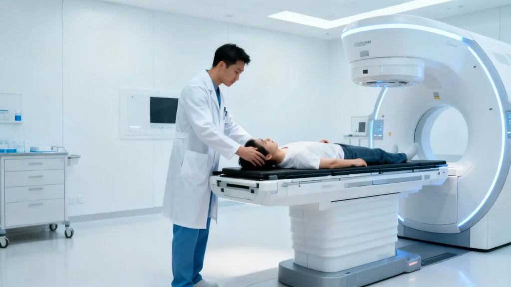 Manipulatrice radio préparant un patient en imagerie