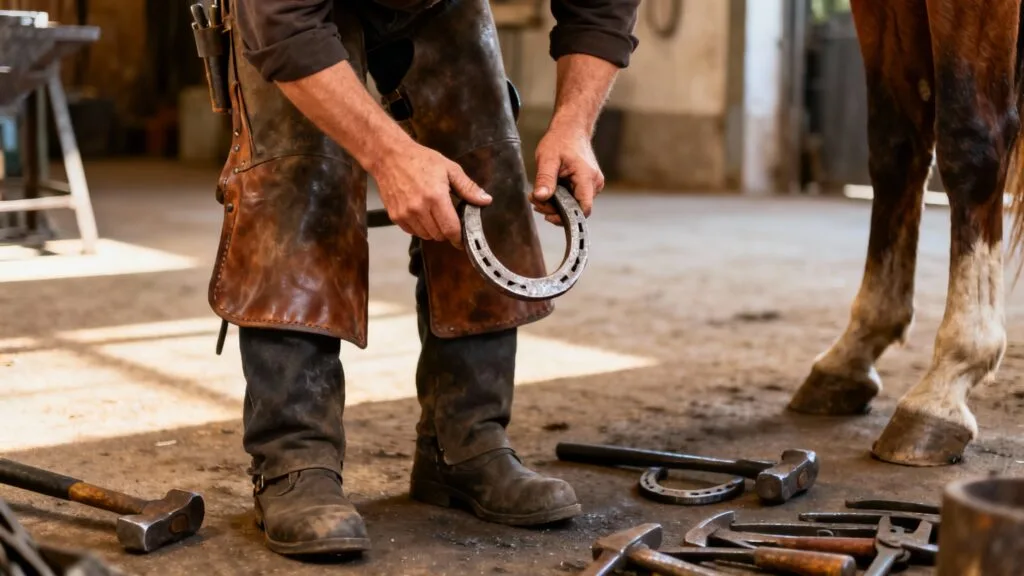 Maréchal-ferrant ferrant un cheval en écurie