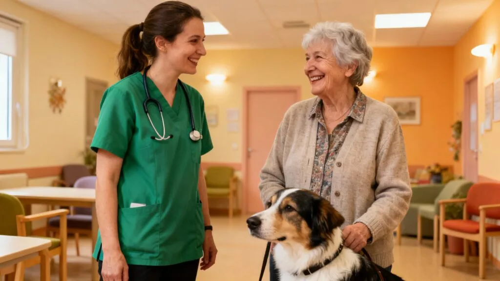 Médiateur animalier en séance avec un chien et une personne