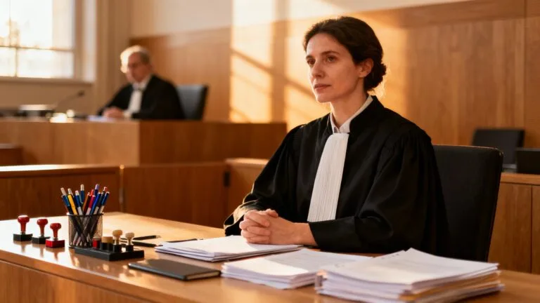 Greffier métier en audience, notes et dossiers