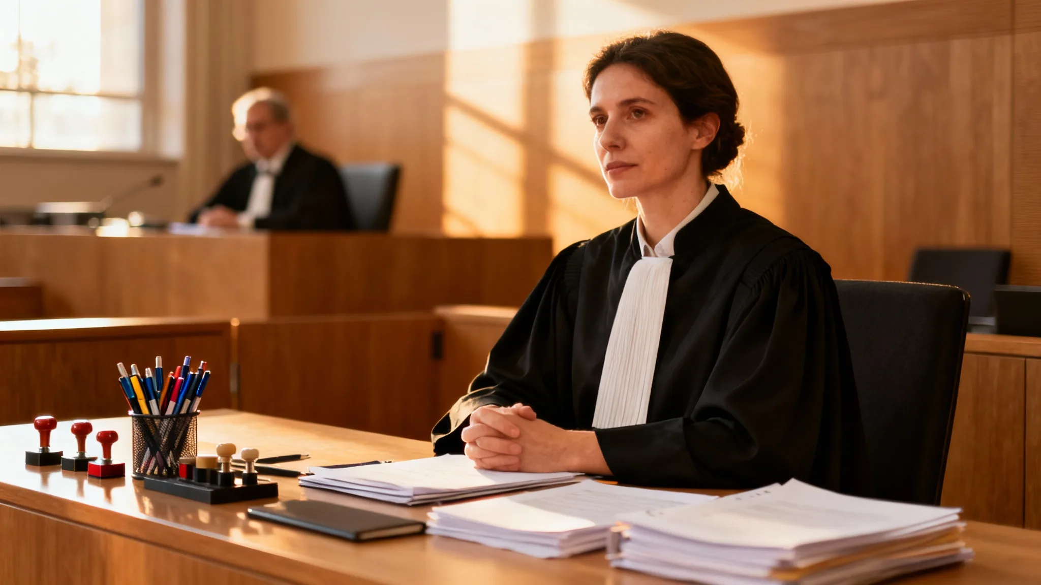 Greffier métier en audience, notes et dossiers