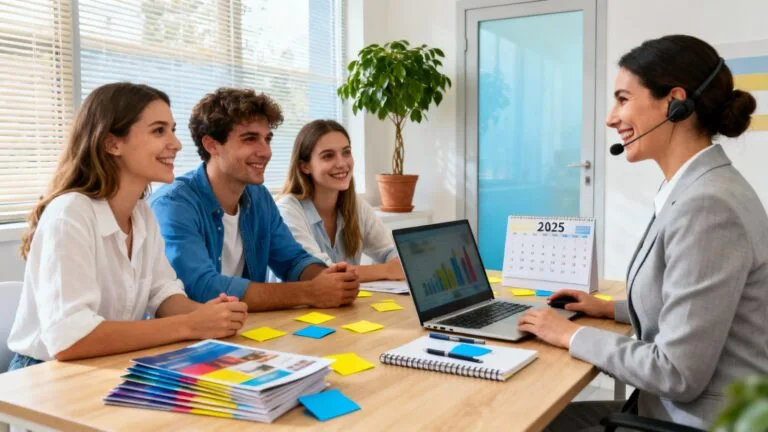 Jeunes explorant un métier avec un bac STMG avec une conseillère