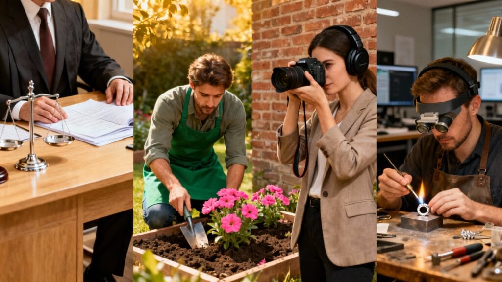 Juriste, jardinier, journaliste et joaillier illustrant les secteurs