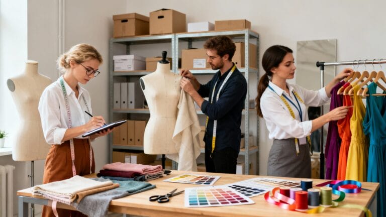 Scène moderne illustrant un métier dans la mode en studio et boutique