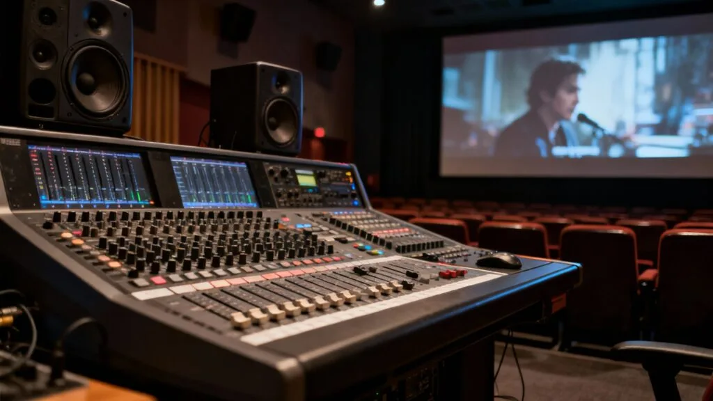 Mixage cinéma en auditorium avec grande console audio