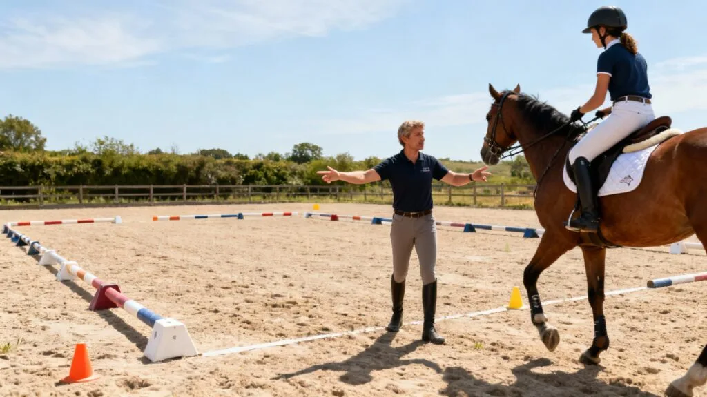 Moniteur d’équitation encadrant un cavalier en carrière