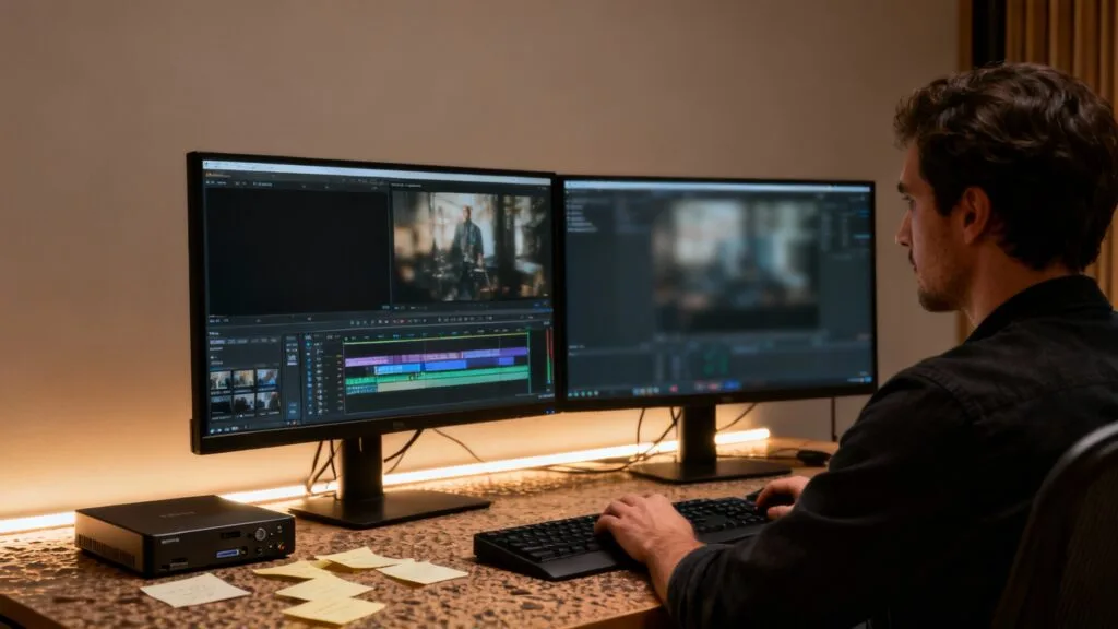 Montage image sur station de post‑production professionnelle