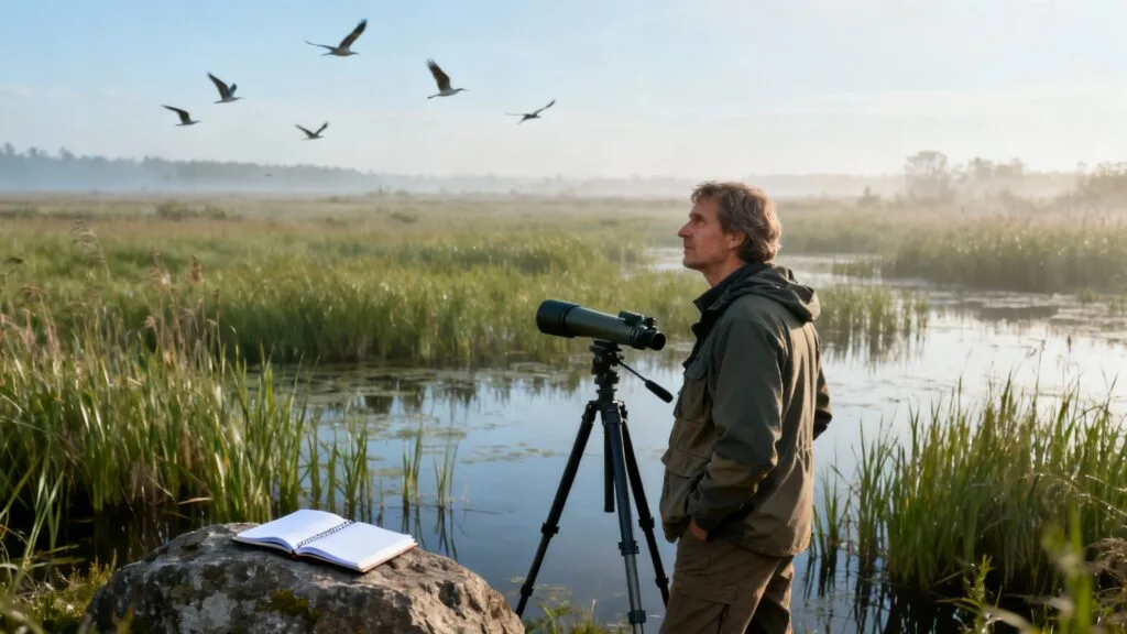 Ornithologue observant des oiseaux avec une longue-vue